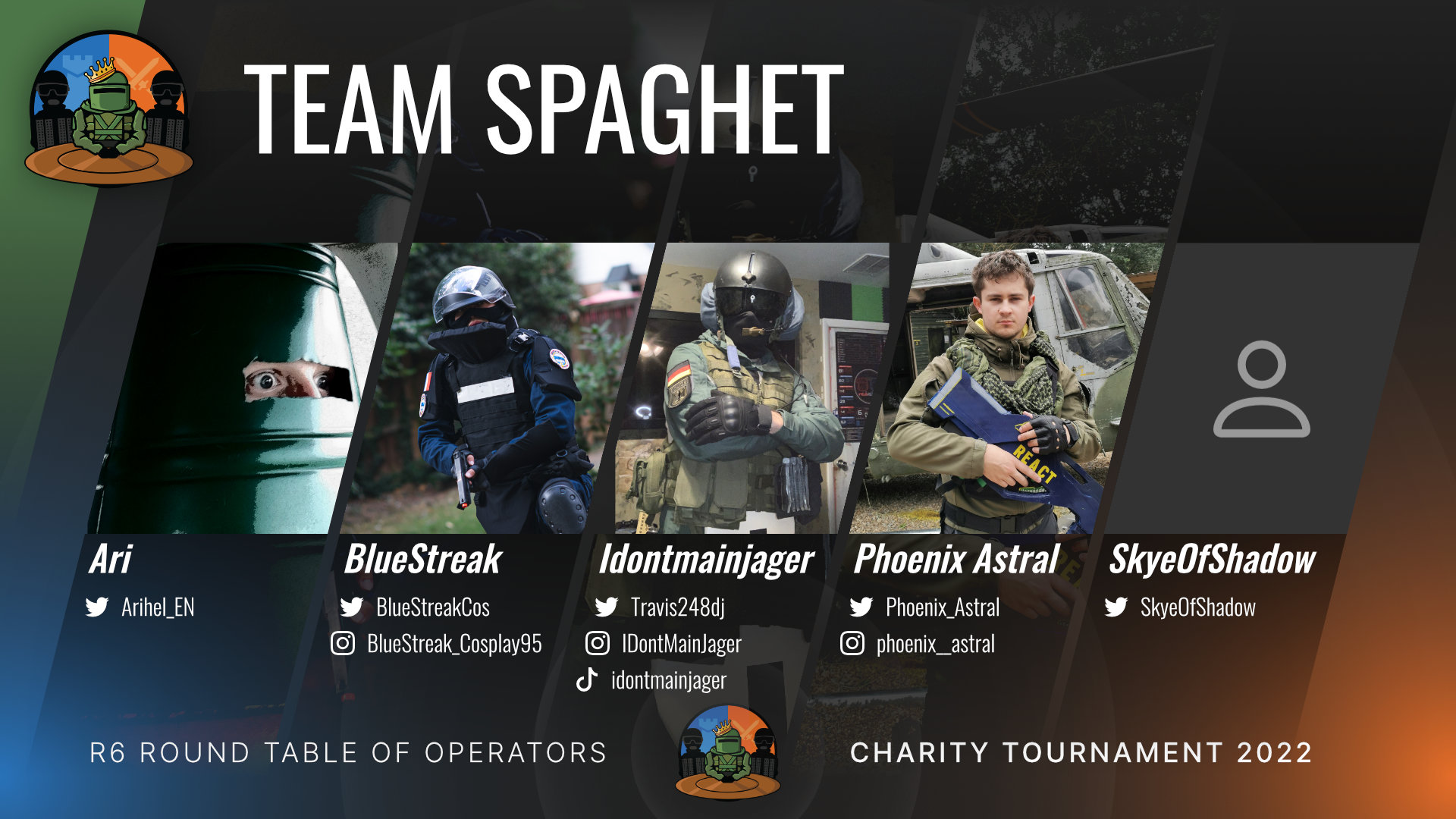 Graphics of the roster of Team Spaghet